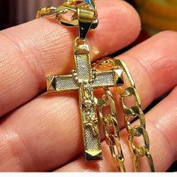 22" Figaro 18k Gold Filled Necklace 6mm Thick Hypoallergenic + Cross Pendant 