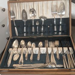 Antique Silverplate Flatware Set In Wood Cabinet