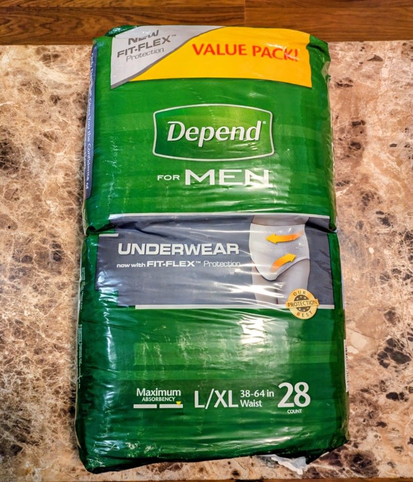 DEPENDS FOR MEN  ( L/XL )  ( 38 - 64  IN. WAIST  )