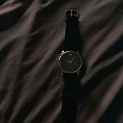 Movado silver with black leather band classic museum watch