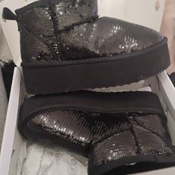 Black Platform Sequins Winter Boots