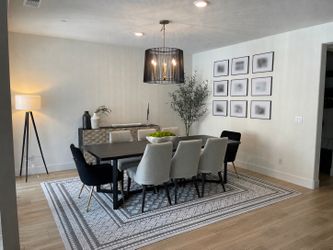 6 cream Dining chairs + area rug