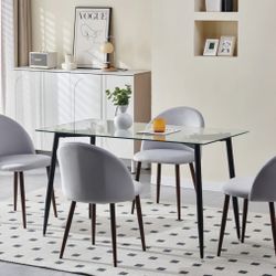 51.2" Tempered Glass Rectangular Dining Table Set with 4 Velvet Upholstered Chairs for Kitchen, Dini