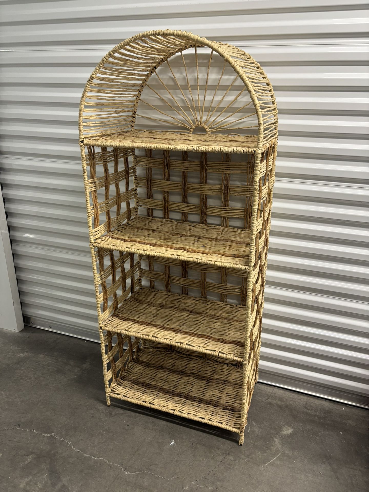 Vintage Wicker & Twine Metal Wrapped Standing  Arched Shelf Bookcase