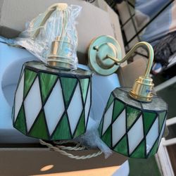 Set of 2 Vintage Brass Wall lamp with Green Checkered Stained Glass Shade, Mediterranean Style Cafe Decorative Wall lamp for Bedroom, Bathroom, bar, C