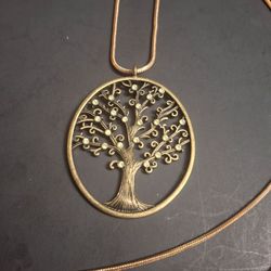 Tree Of Life Pendant Embellished With Clear Rhinestones-Bronze Finish On 32" Goldtone Snake Chain 2 3/16"H X 1 7/8"W