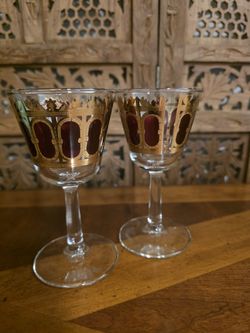 Vintage Culver Cranberry Scroll Cocktail Glasses / Stems, Set Of 2, Gold Trim, MCM