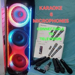 KARAOKE SPEAKER Bluetooth 
6 microphone
 💯BRAND NEW W WARRANTY 
  🚥BOCINA 
sistema. COMPLETO DE KARAOKE  6  🎤🎤🎤🎤🎤🎤
    6.   MICROPHONES
      