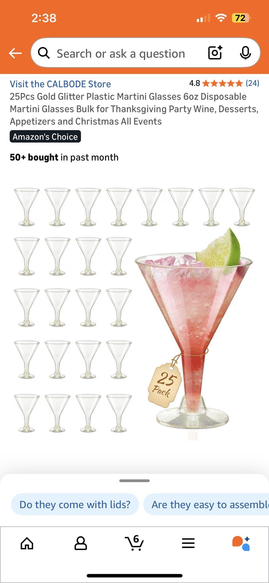 25Pcs Gold Glitter Plastic Martini Glasses 6oz Disposable Martini Glasses