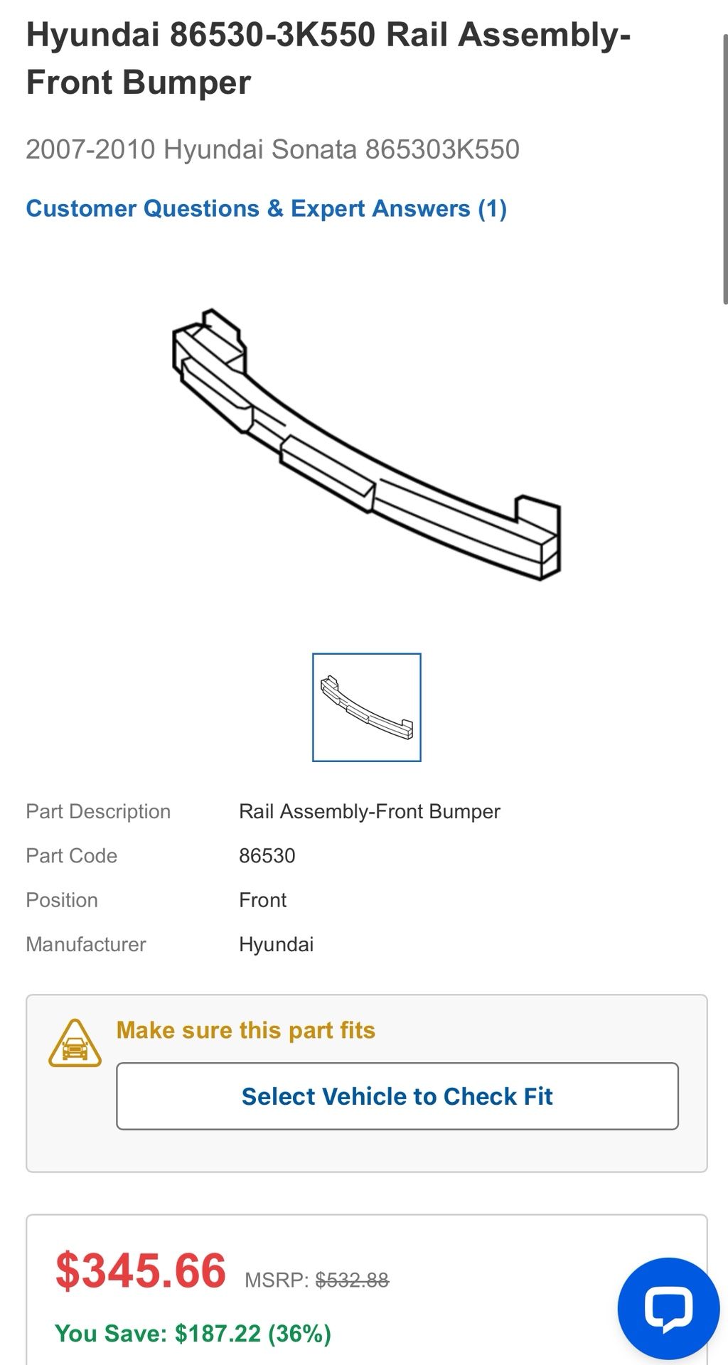 Hyundai 86530-3K550 Rail Assembly-Front Bumper 2007-2010 Hyundai Sonata