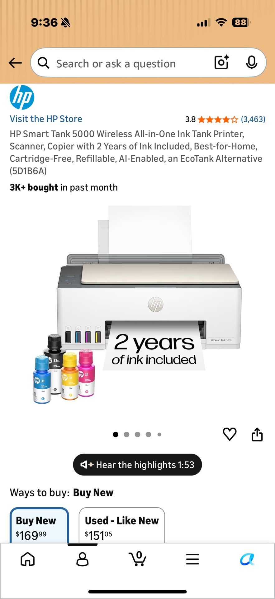 HP Smart Tank 5000 All-in-One Ink Tank Printer, Scanner, Copier with 2 Years of Ink Included