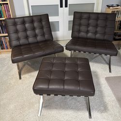 Mid-Century Modern Barcelona Style Chairs & Ottoman 