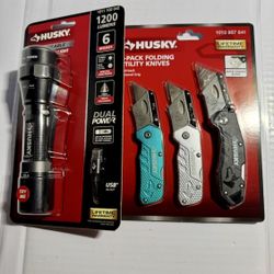 Husky 1200 Lumens Rechargeable Flashlight AND Husky 3pk Utility Set