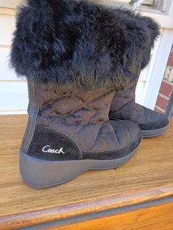 COACH SZ 8 "FAITH" SUEDE/NYLON/RABBIT FUR ROUND TOE FRONT ZIP BOOTS EUC