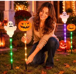 Halloween Solar Stake Lights - Waterproof LED Pumpkin & Ghost Decorations for Outdoor Garden, All-Night Illumination for Halloween Parties & Courtyard