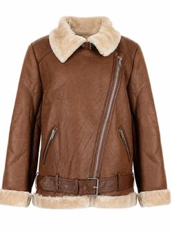 New Women’s Brown Faux Leather Shearling Aviator Jacket, M