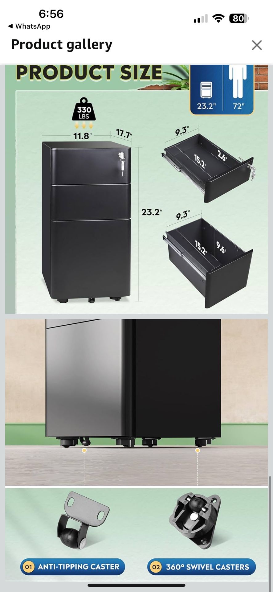 AODK Small Black 3 Drawer File Cabinet for Home Office