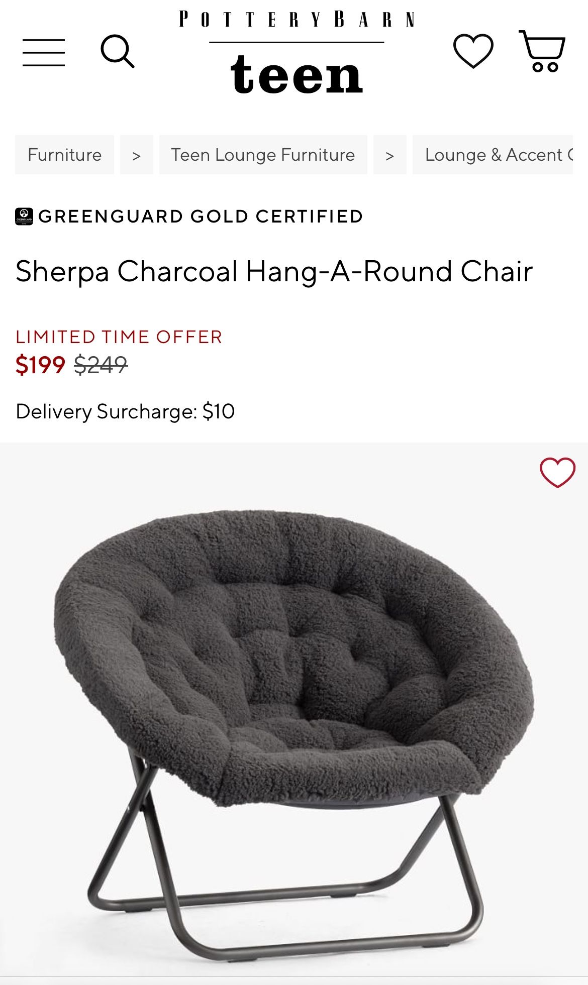 Pottery Barn Teen Sherpa Charcoal Hand-A-Round Chair