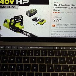 NEW RYOBI 40V HP Brushless 14 in. Battery Chainsaw with 4.0 Ah Battery and Charger $200