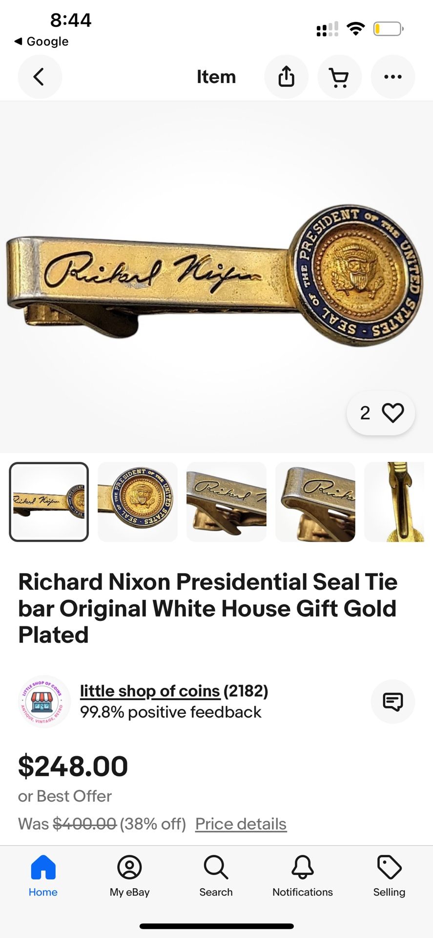 Richard Nixon Presidential Seal Tie bar Original White House Gift Gold Plated