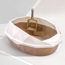 Open Top Diamond Shaped Large Cat Litter Box Pan with Cat Litter Scoop , Easy to Clean,Milk Cover 