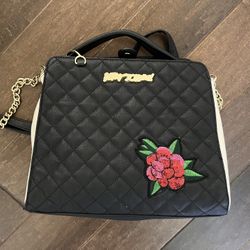 Betsey Johnson Black Quilted Bag with Red Floral Accent