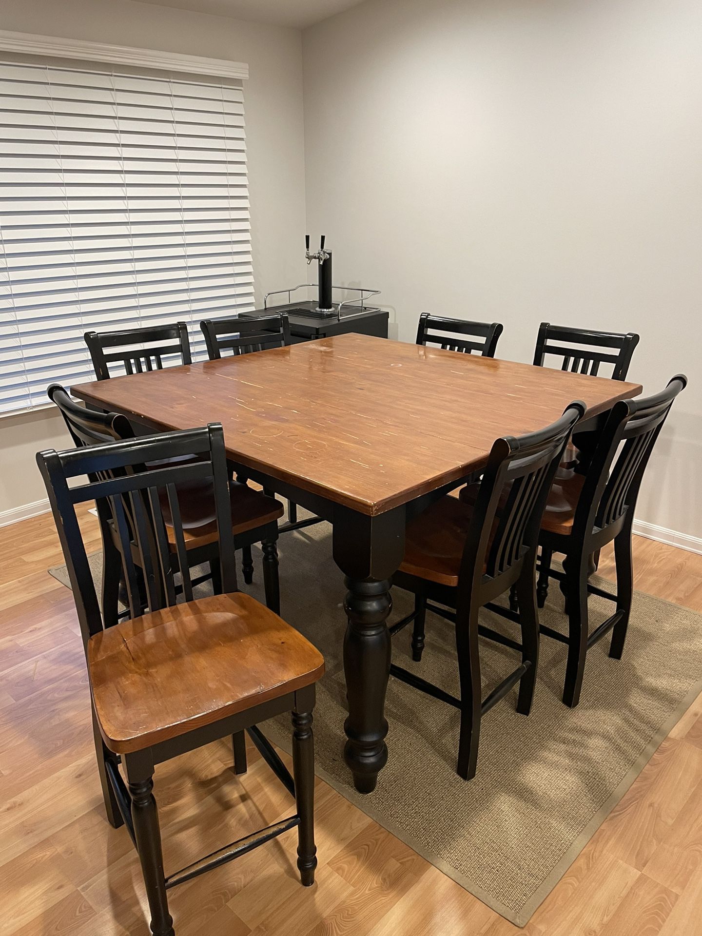 Hard wood tall dining set table and 8 chairs 