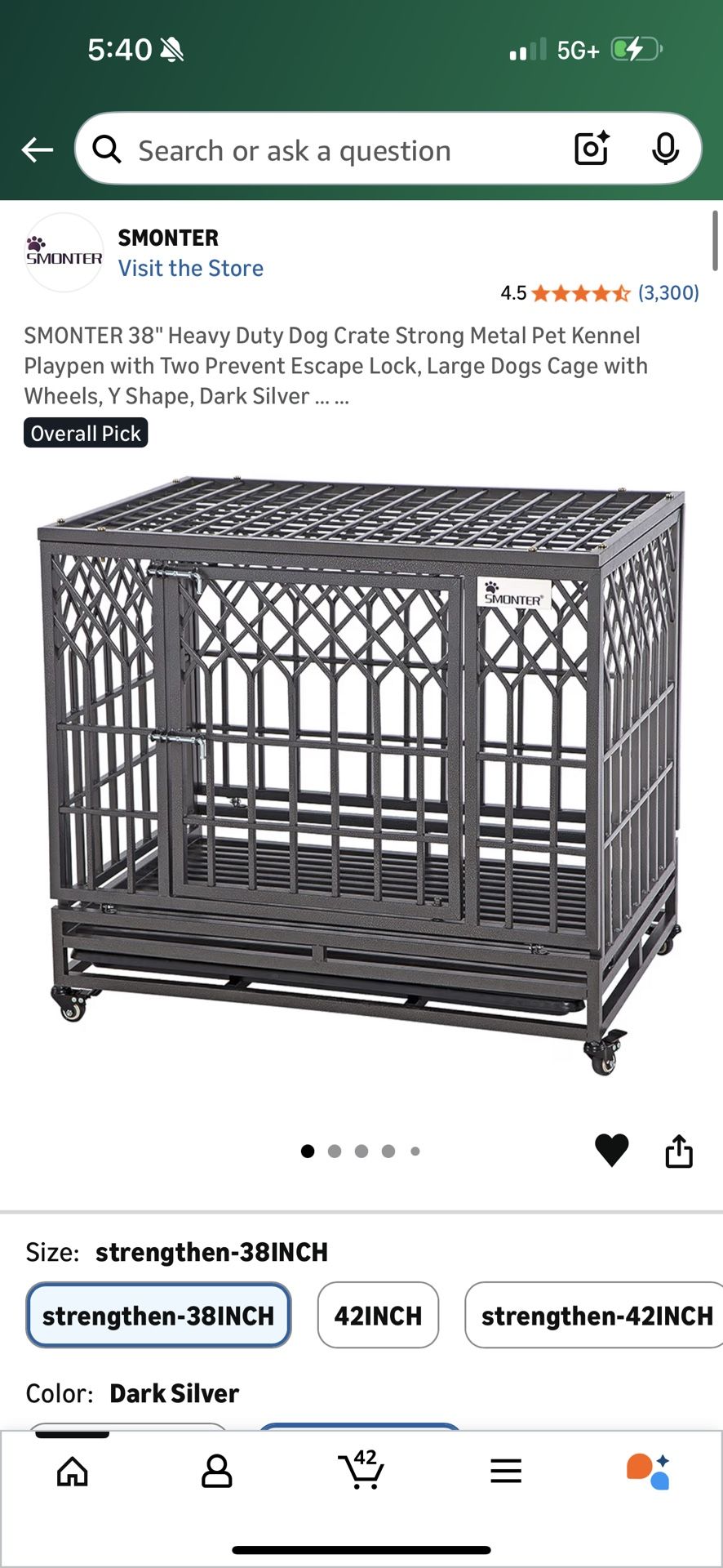 38” inch dark silver dog crate with fancy design