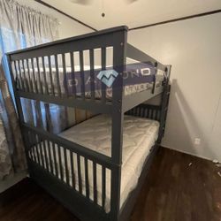FULL/ FULL GREY BUNK BED W/ MATTRESS 