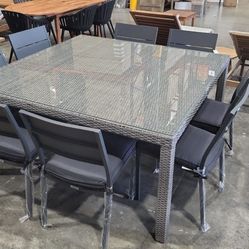 9PC Square Patio Dining Set – Wicker Table + Aluminum Chairs w/ Cushions | BRAND NEW | Stackable | Heavy Duty Commercial Grade | Delivery Available