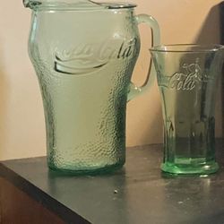 Green Glass Vintage CocaCola Pitcher And 6 Glasses