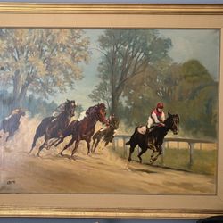 Original Oil Painting On Canvas Of whirlaway Winning 1941 Kentucky Derby