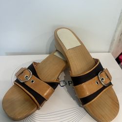 Coach White Twill Leather Wood Clogs/ Sand... No