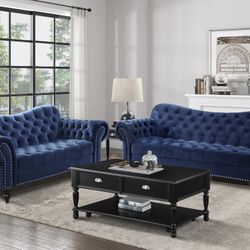 New Blue Velvet Sofa And Loveseat Set 