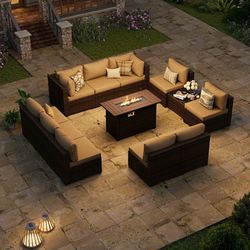Aoxun 12 Piece Patio Furniture Set with 44” Fire Pit Table Wicker Rattan Outdoor Sectional Sofa Set with Coffee Table and 4” Thickened Cushions, Gray 