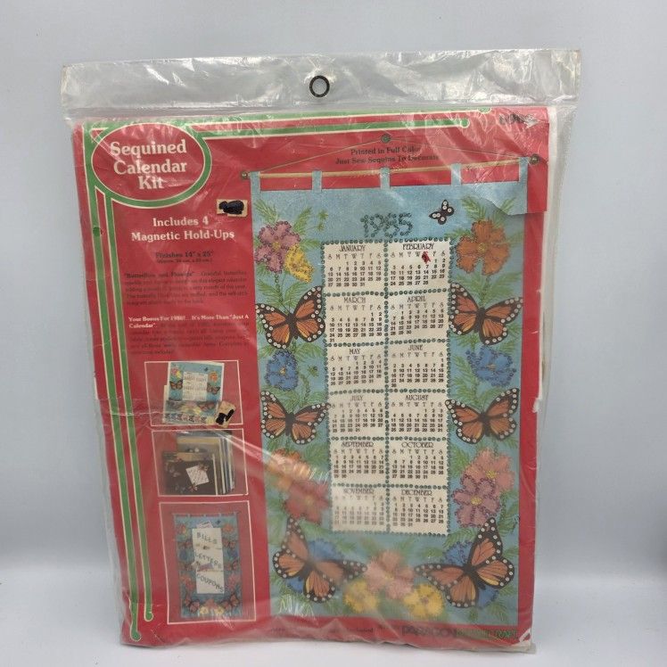 Paragon Needlecraft 1985 Sequined Calendar Kit Buterflies & Flowers Vintage