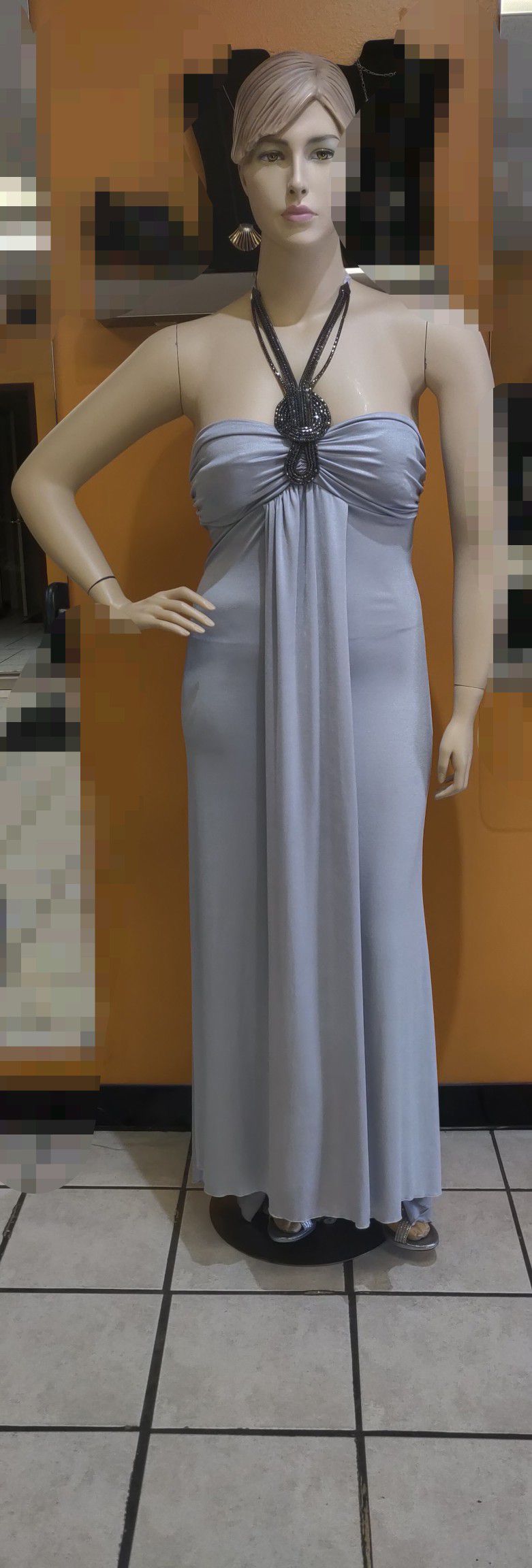 Beautiful Gray myMichelle Full Length Evening Gown With Attached Necklace 