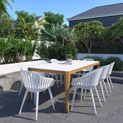 BRAND NEW 9 Piece 100% FSC Certified Wood Duraboard Outdoor Furniture White With Arm Chairs Dining Set