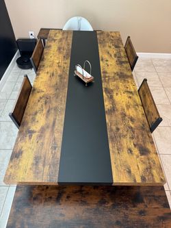 Rustic Industrial Dining Table with 4 Chairs and 2 benches