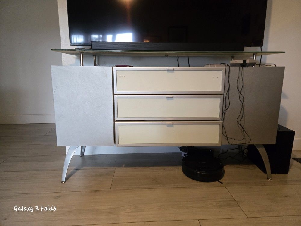 Modern Metal & Glass TV Stand / Storage Cabinet with Frosted Glass Prawers & Raised Shelf