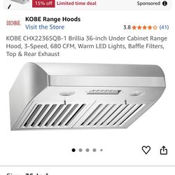 KOBE Range Hood 36” CHX2236SQB-1 Brillia Under Cabinet, 3-Speed, 680 CFM, Warm LED Lights, Baffle Filters, Top & Rear Exhaust