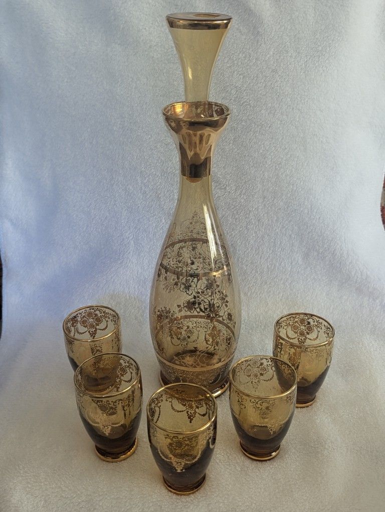 Gilded Amber Decanter Set - Laguna Venezia Murano Vintage 