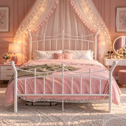 Queen size bed frame White Metal Bed Frame with Headboard and Footboard