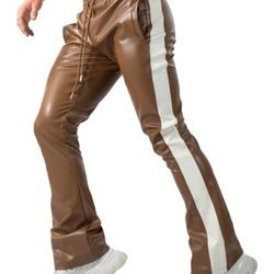 Faux Leather Flare Joggers with Side Stripe