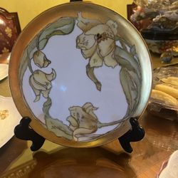 Antique  Hand 14k Gold Painted Plate Floral Design 9.5X9.5
