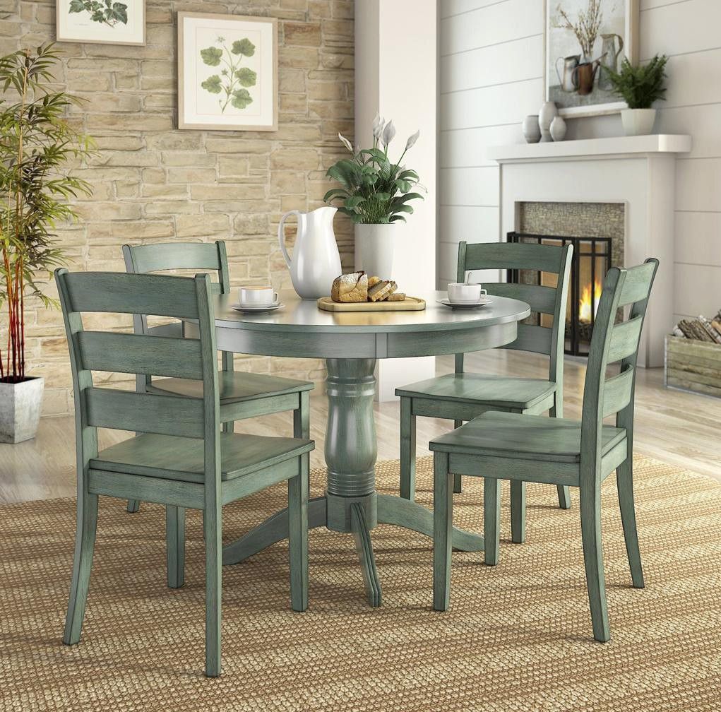 Lexington 5-Piece Wood Dining Round Table and 4 Ladder Back Chairs, Dark Sea Green