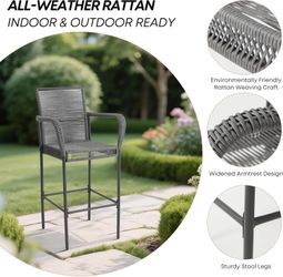 Outdoor Bar Stools , Patio Bar Chairs with Armrests and Backrest Wicker Rattan (Gray/Beige)