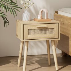 1 Nightstand Wooden with Rattan Weaving Drawer Home Bedside End Table Bedroom Storage oak