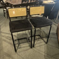 Bar Stool: Black Fabric Seat  Bar Stool W/ Cane Back & Black Metal Legs SKU FAJ2A2