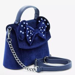 Minnie Mouse Loungefly Velvet Pearl Blue Crossbody Bag Purse New